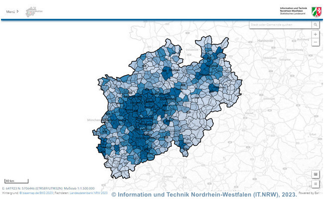 Screenshot der Karte des Monats Dezember: Statistikatlas NRW. Dargestellt ist die Anzahl der Einwohner je Quadratkilometer in NRW im Jahr 2022, bezogen auf die Flächen der Kreise und kreisfreien Städte.