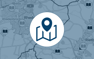 Die Grafik besteht aus einem Screenshot im Hintergrund und einem Piktogramm im Vordergrund. Der Screenshot zeigt einen Ausschnitt der Karte "Bibliotheken und Bücherschränke im Kreis Gütersloh". Das Piktogramm zeigt ein Kartensymbol.