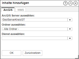 Screenshot aus MapSolution: Konfiguration des Werkzeugs zum Hinzufügen eines Dienstes vom ArcGIS-Server