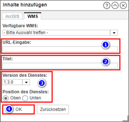 Screenshot aus MapSolution: Konfiguration des Werkzeugs zum Hinzufügen eines WMS-Dienstes 
